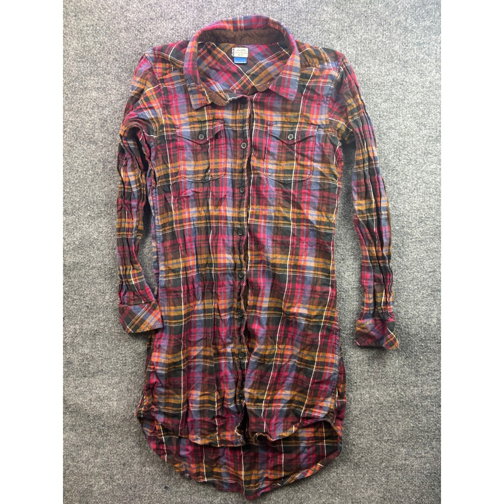 Kavu Flannel Shirt Dress Womens Medium Multicolor Plaid Corduroy Elbow Patches